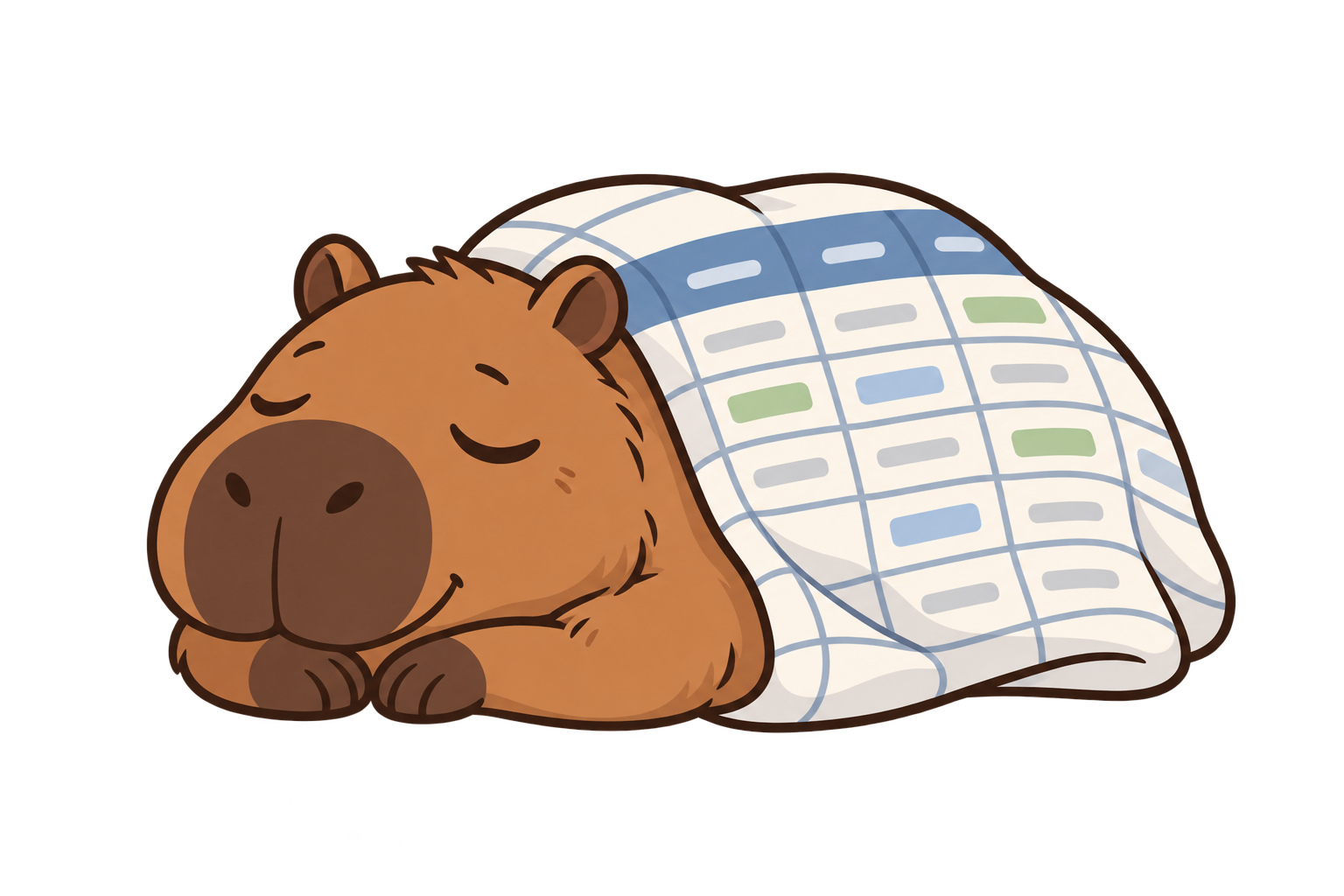 A sleepy capybara resting under a blue table blanket